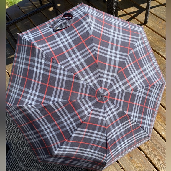 Mens BURBERRY Black/Grey/Red Check Full-size COMPACT Umbrella🔥Vintage/Like NEW! - Picture 10 of 17